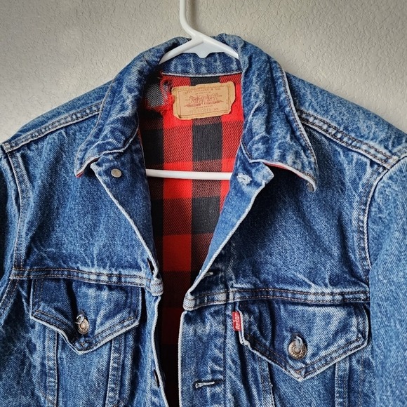 LEVIS VINTAGE 90s Buffalo‎ Plaid Lined Denim Trucker Jacket Size 38 - Picture 5 of 12
